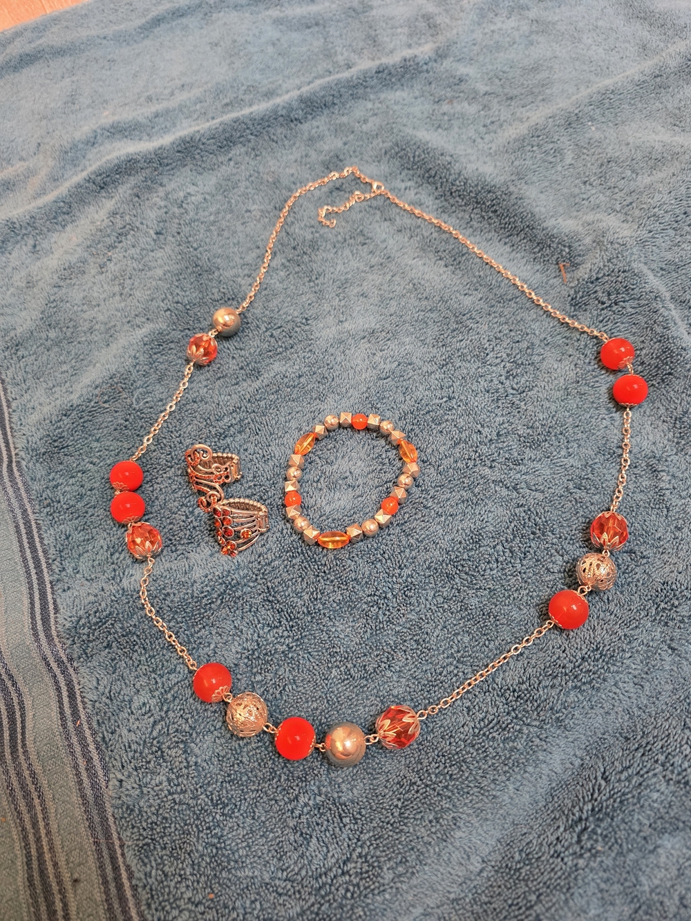 Orange Bead & Silver Tone Necklace, Bracelet and Ring Set